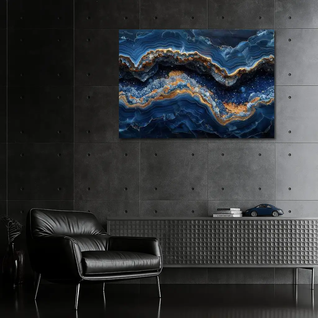 Deep Blue Geode Abstract Gold Wave Art – Wall Art