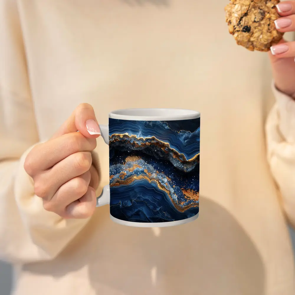 Deep Blue Geode Abstract Gold Wave Art – Mugs