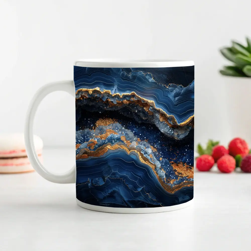 Deep Blue Geode Abstract Gold Wave Art – Mugs