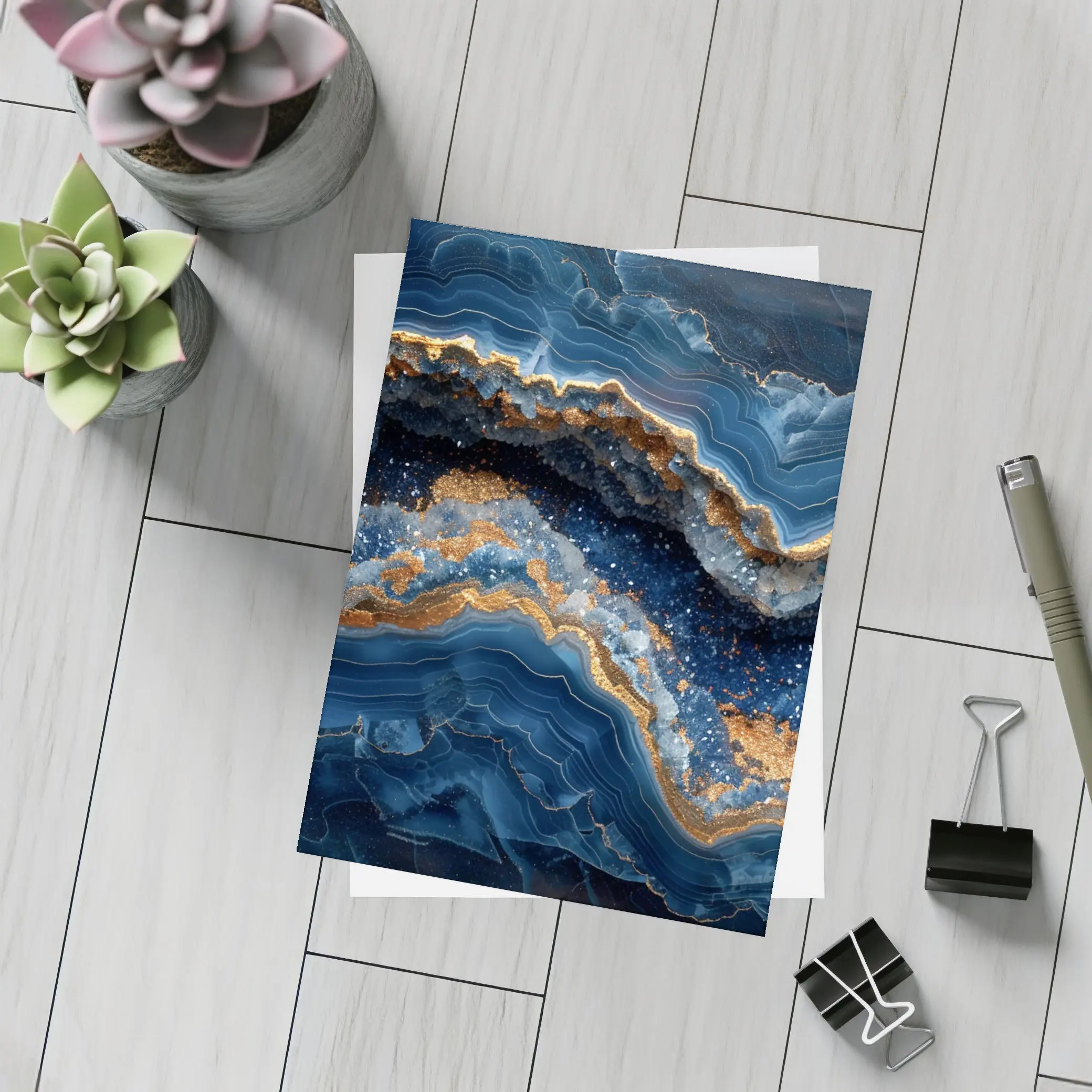 Deep Blue Geode Abstract Gold Wave Art – Postcards