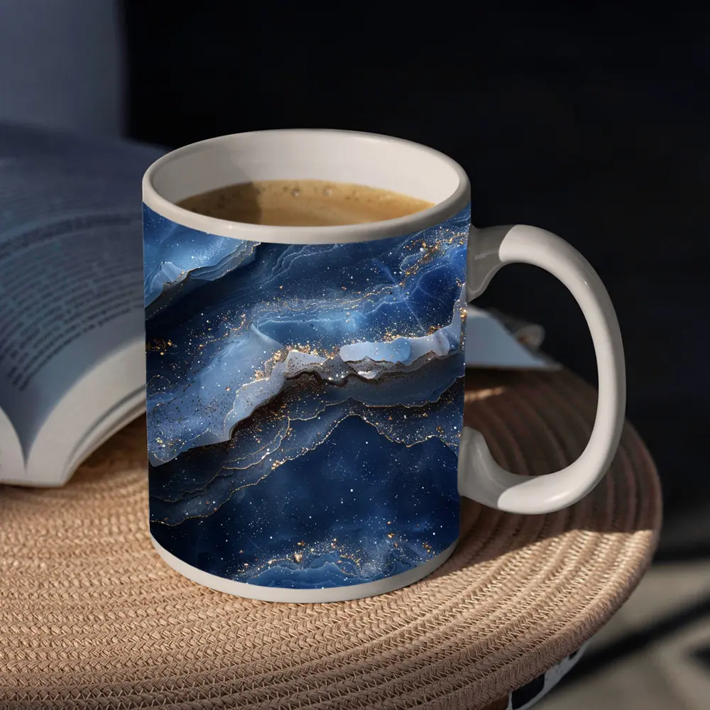 Deep Blue Marble Abstract Gold Glitter – Mugs
