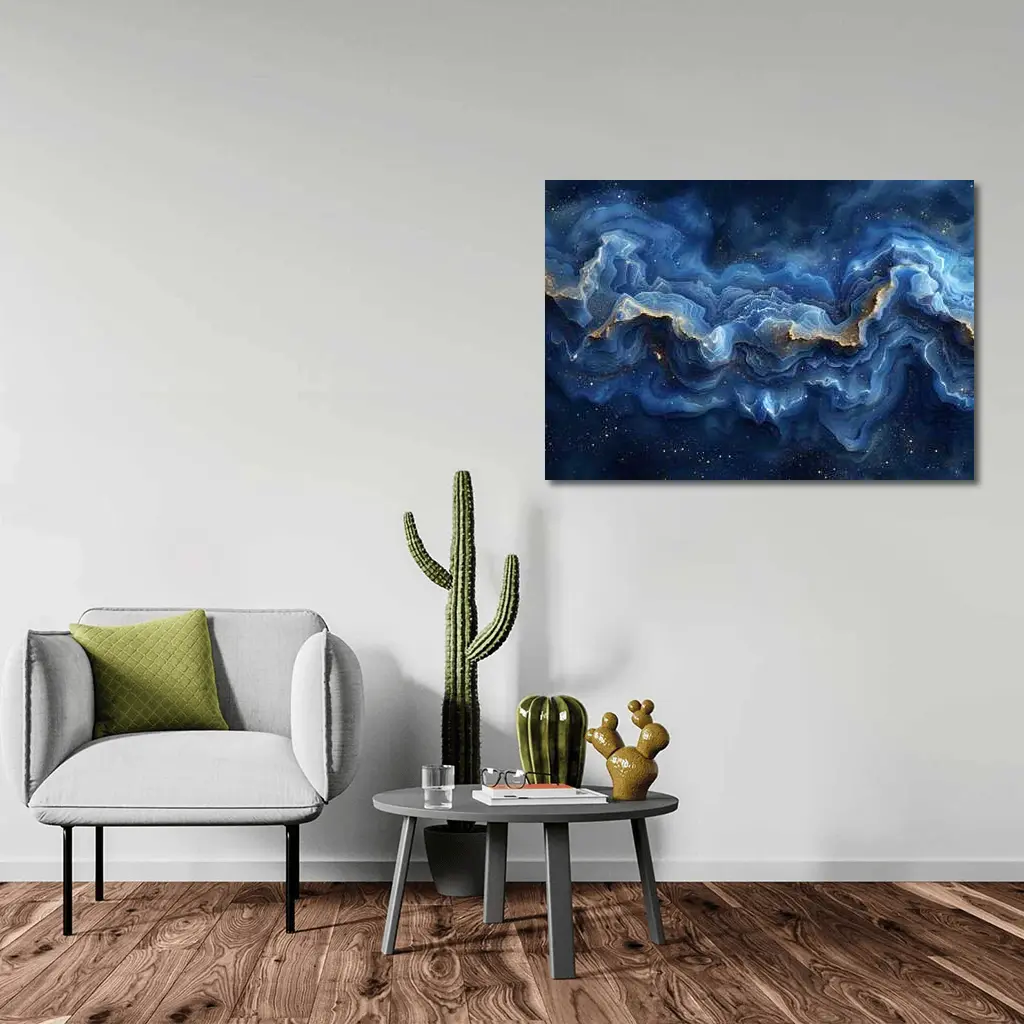 Deep Blue Marble Abstract Gold Swirls – Wall Art