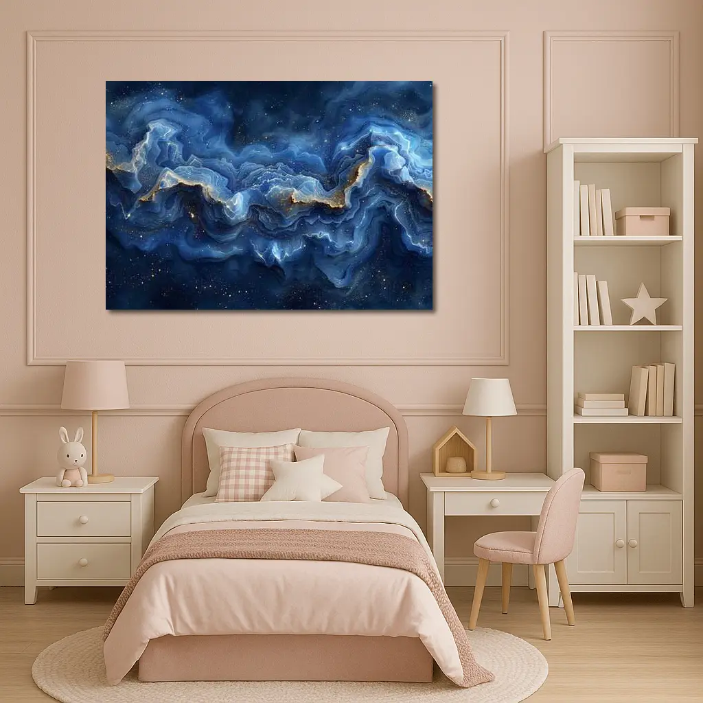 Deep Blue Marble Abstract Gold Swirls – Wall Art