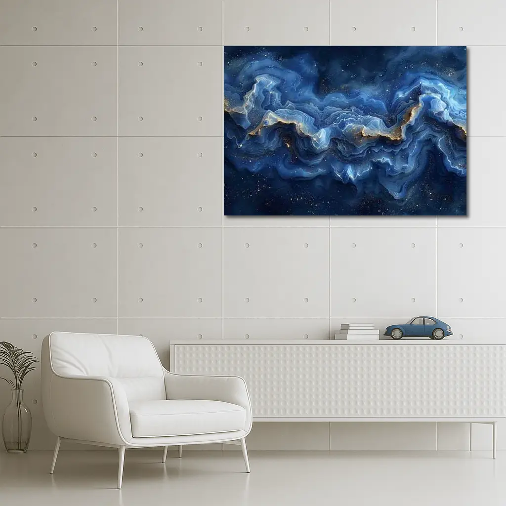 Deep Blue Marble Abstract Gold Swirls – Wall Art