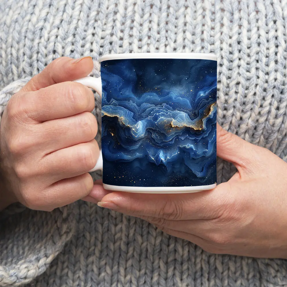 Deep Blue Marble Abstract Gold Swirls – Mugs