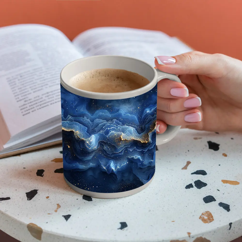 Deep Blue Marble Abstract Gold Swirls – Mugs