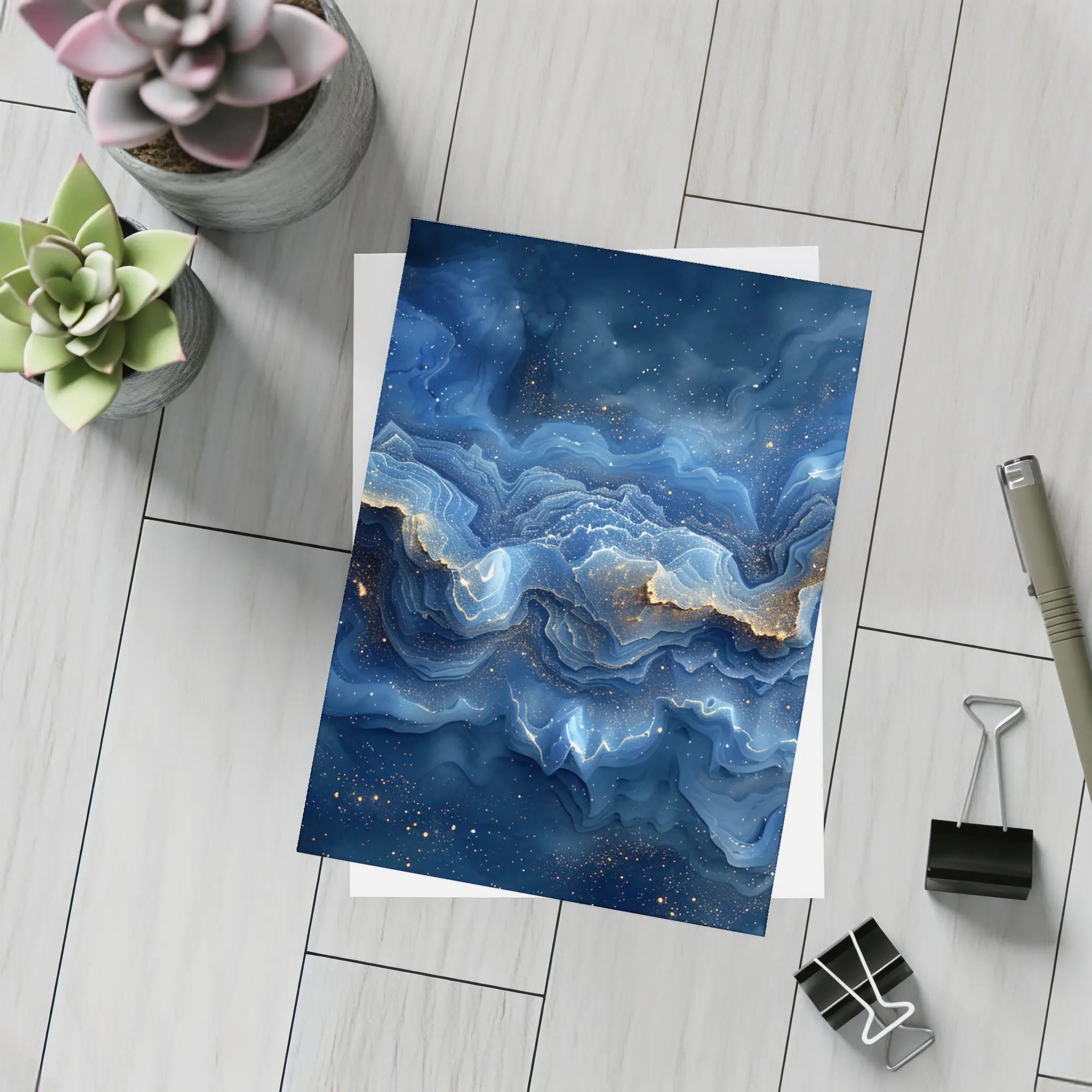 Deep Blue Marble Abstract Gold Swirls – Postcards