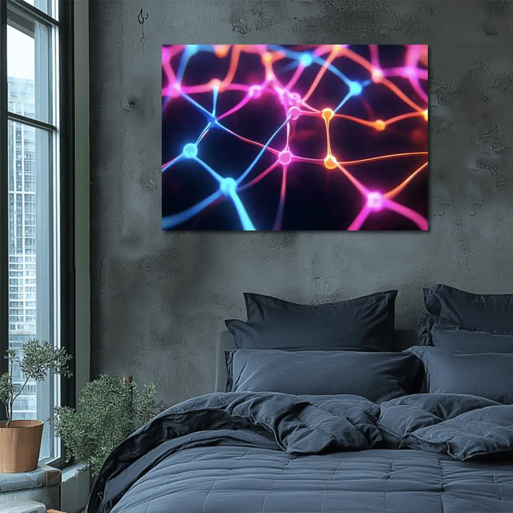 Neon Neural Network Glowing Dark Background – Wall Art