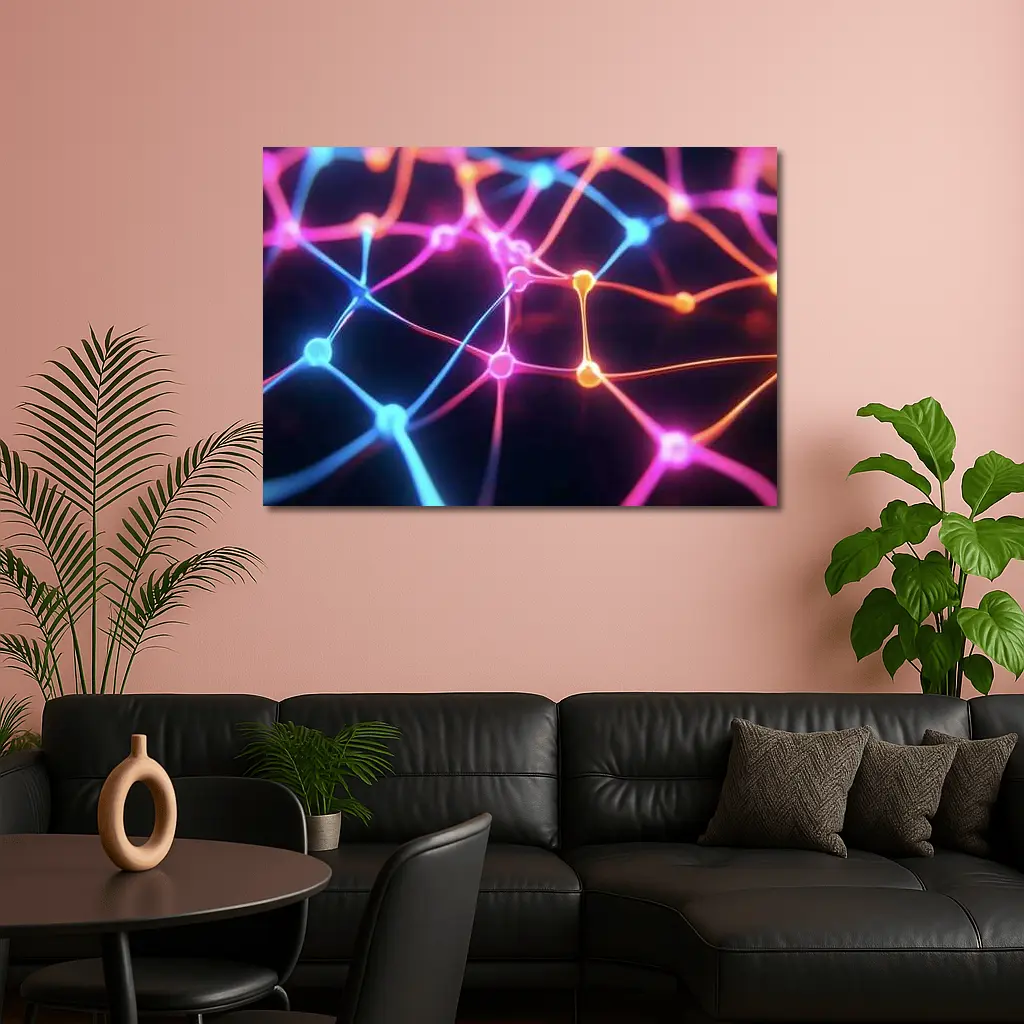 Neon Neural Network Glowing Dark Background – Wall Art