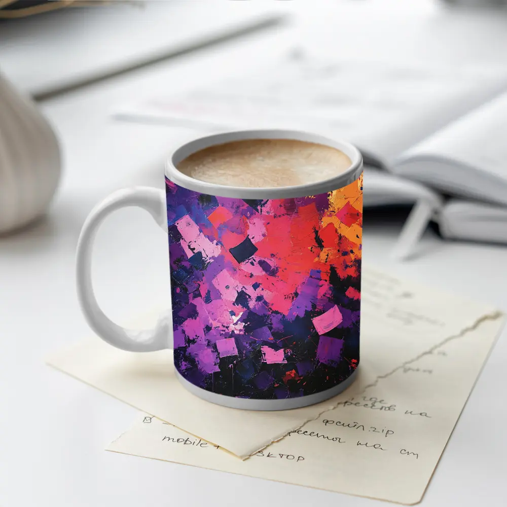 Abstract Purple Orange Geometric Brushstroke Painting – Mugs