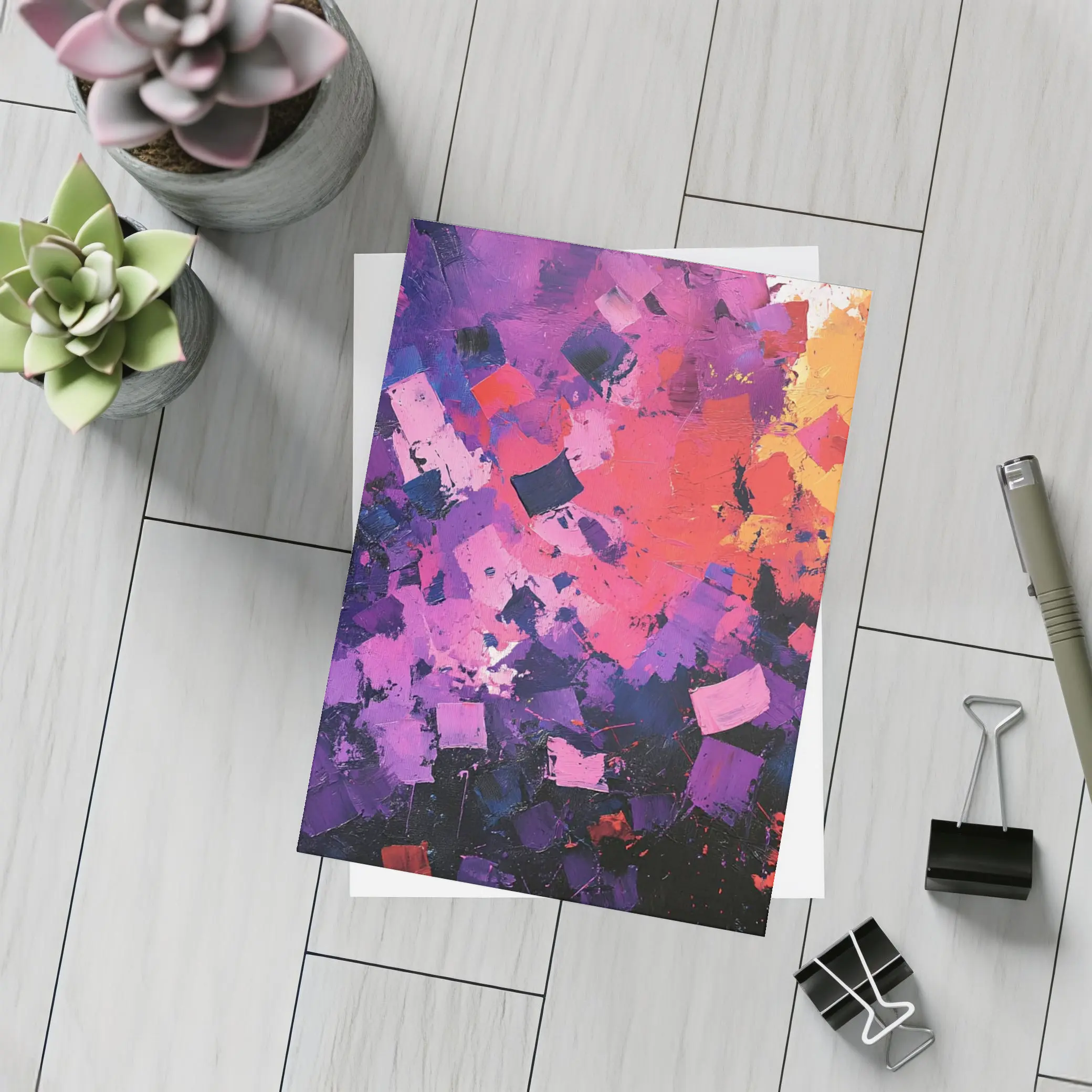 Abstract Purple Orange Geometric Brushstroke Painting – Postcards