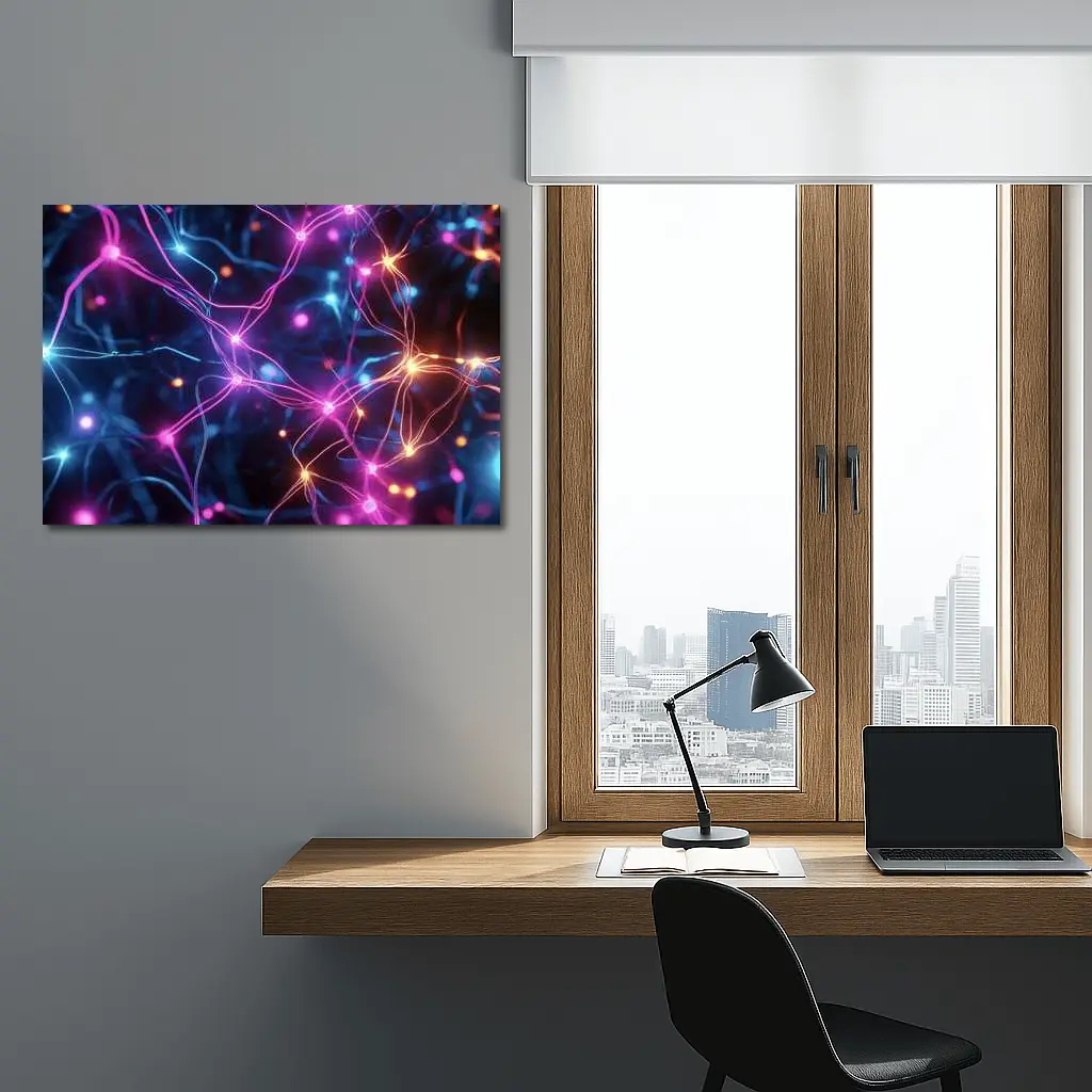 Neon Neural Network Glowing Blue Pink Background – Wall Art