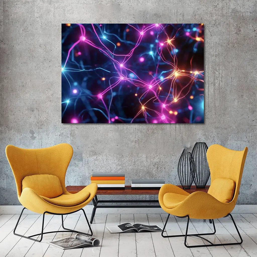 Neon Neural Network Glowing Blue Pink Background – Wall Art