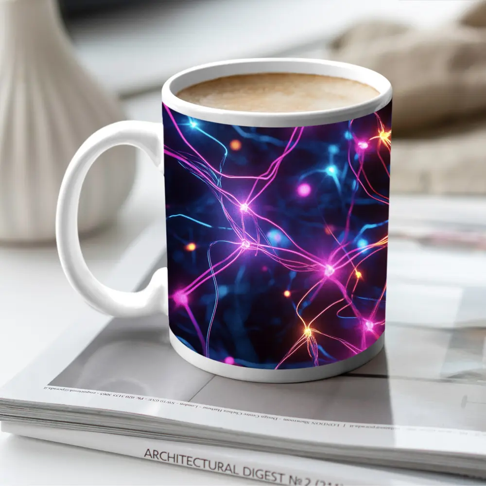 Neon Neural Network Glowing Blue Pink Background – Mugs