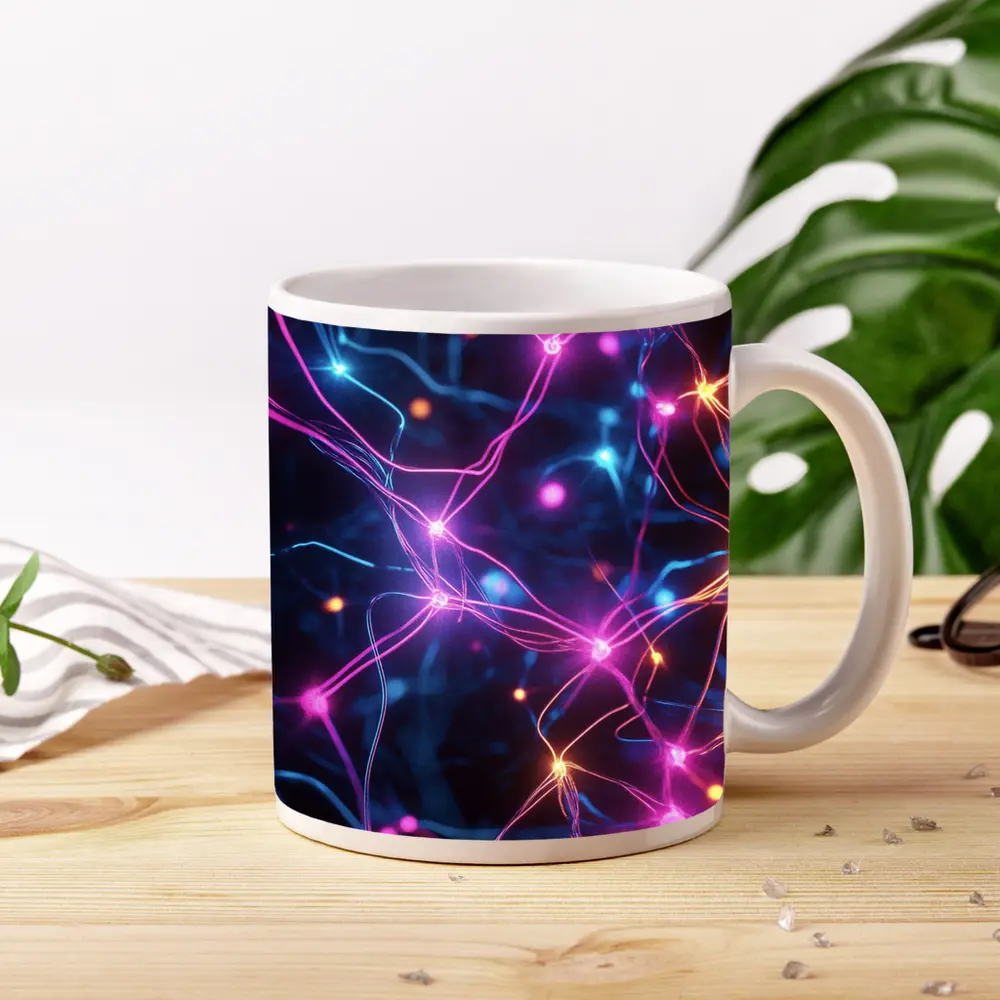 Neon Neural Network Glowing Blue Pink Background – Mugs