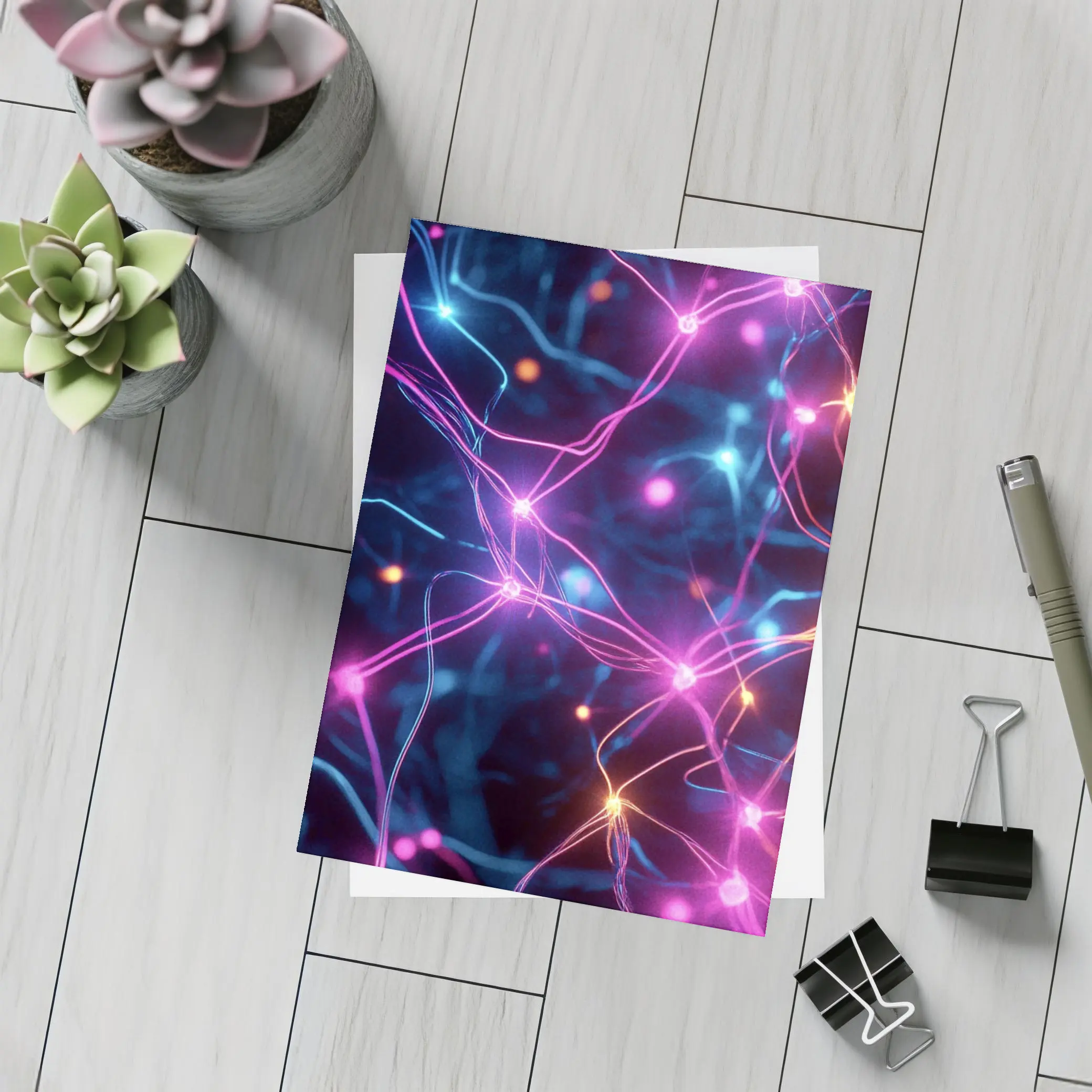 Neon Neural Network Glowing Blue Pink Background – Postcards