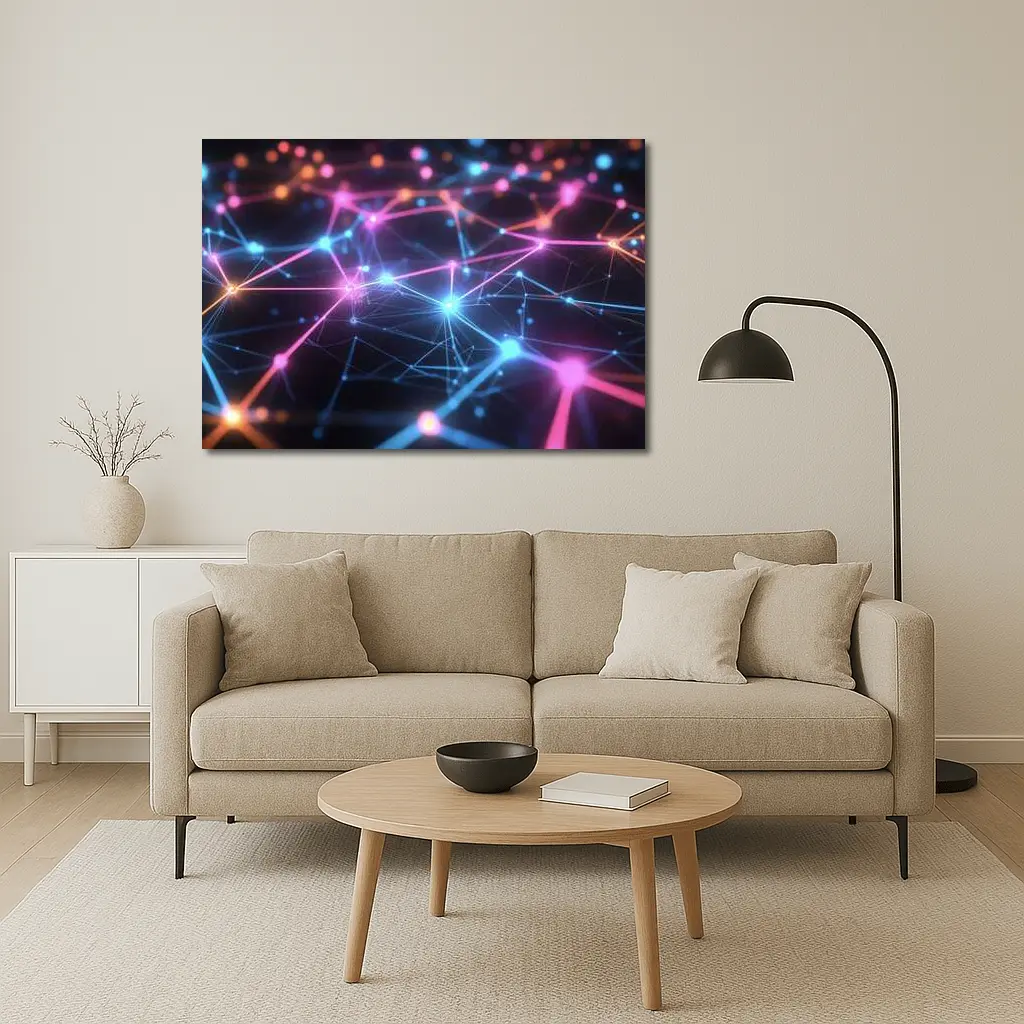 Neon Network Grid Dark Abstract Background – Wall Art