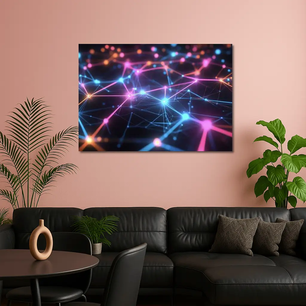 Neon Network Grid Dark Abstract Background – Wall Art