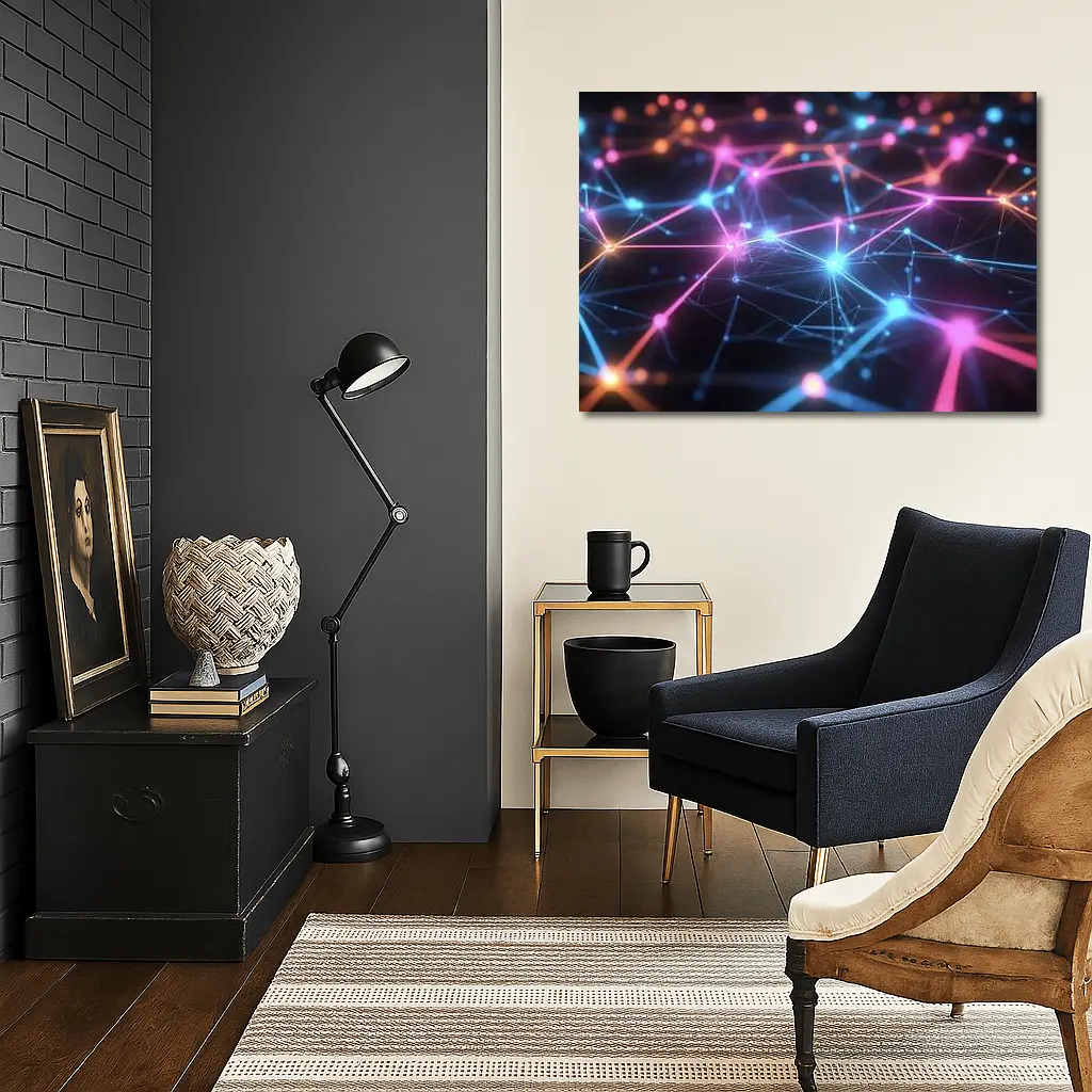 Neon Network Grid Dark Abstract Background – Wall Art