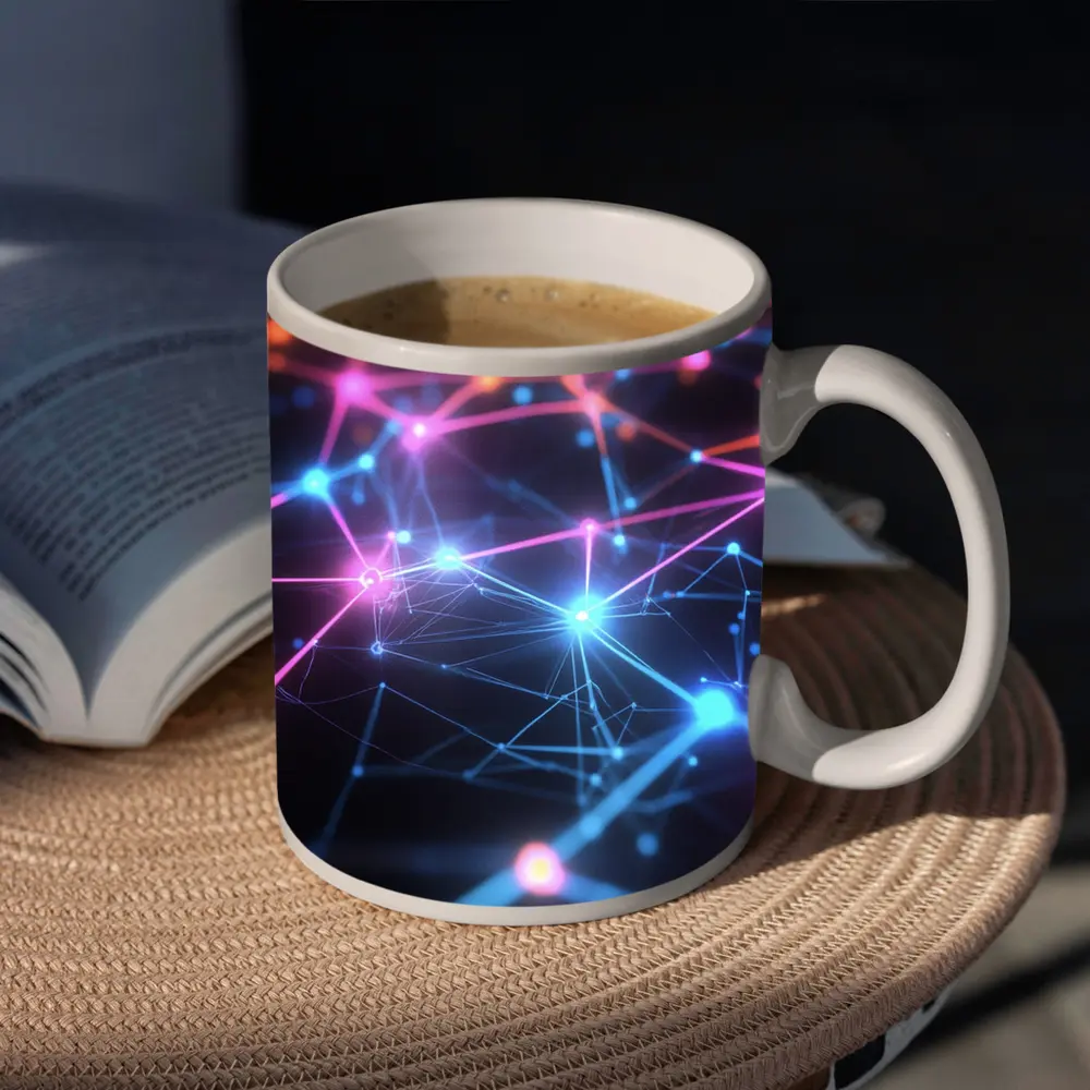 Neon Network Grid Dark Abstract Background – Mugs