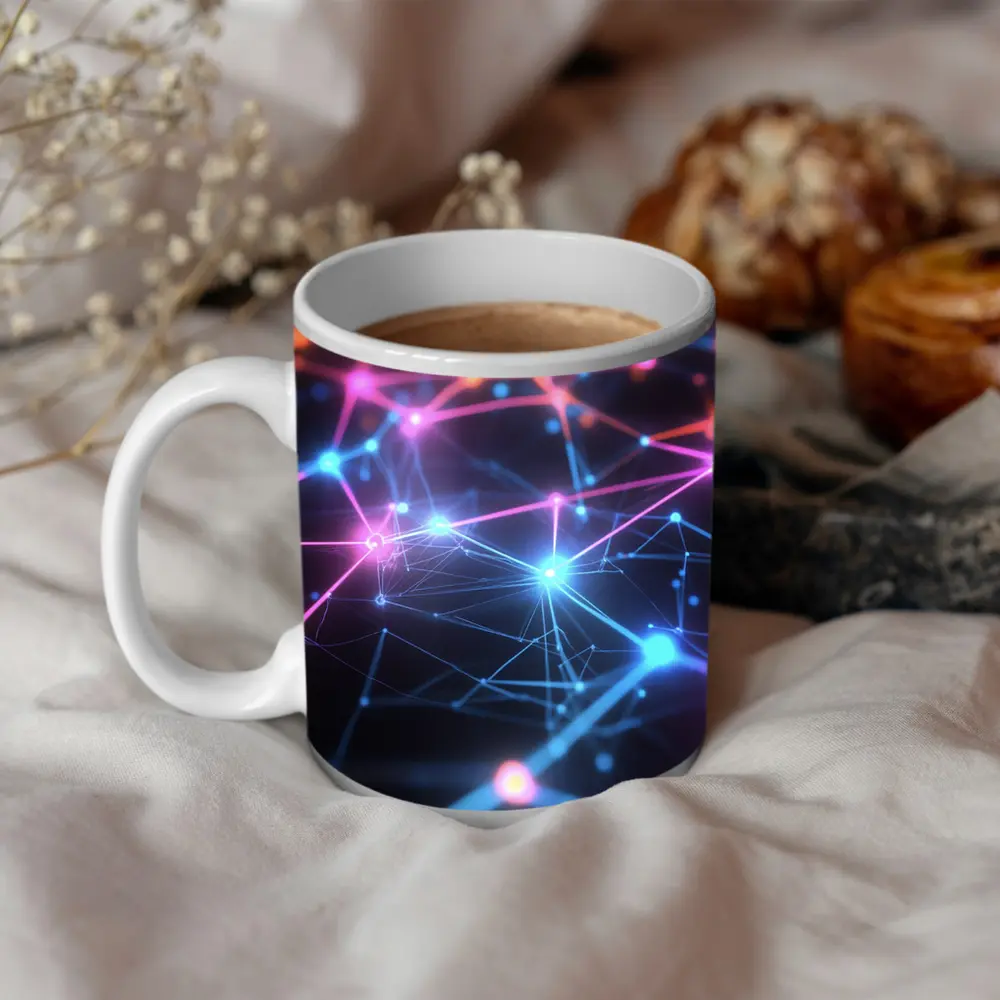 Neon Network Grid Dark Abstract Background – Mugs