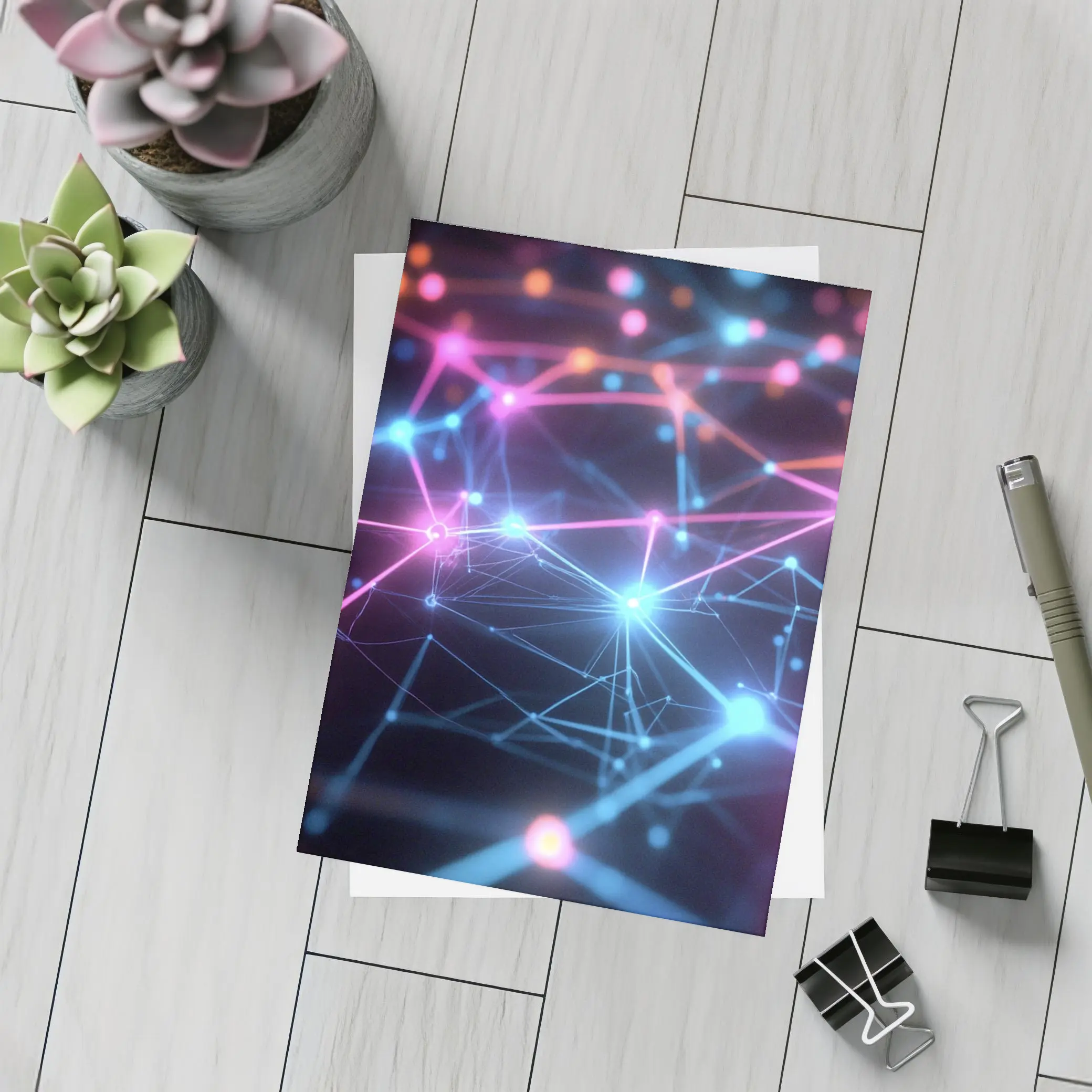 Neon Network Grid Dark Abstract Background – Postcards