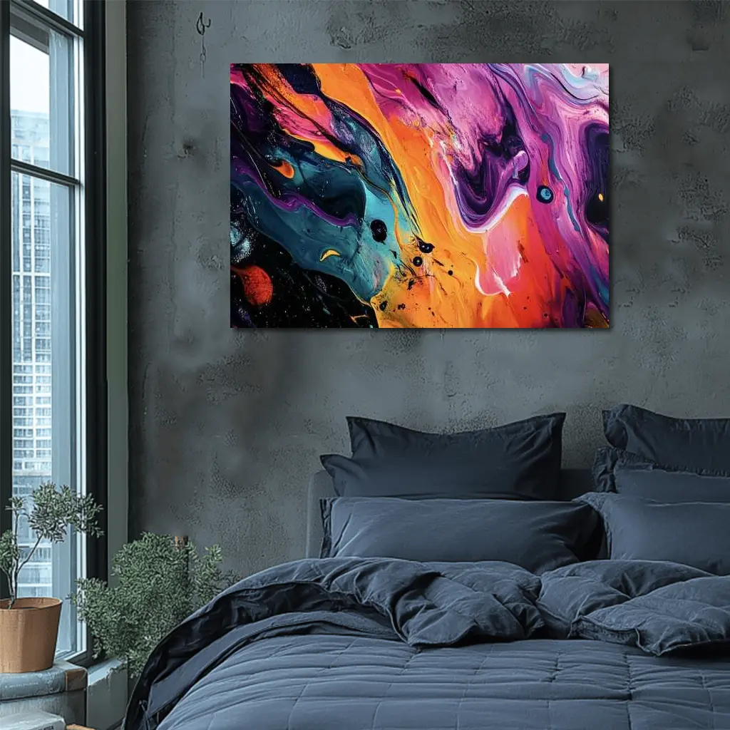Bold Fluid Abstract Art Orange Purple Black – Wall Art