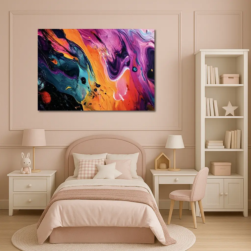 Bold Fluid Abstract Art Orange Purple Black – Wall Art