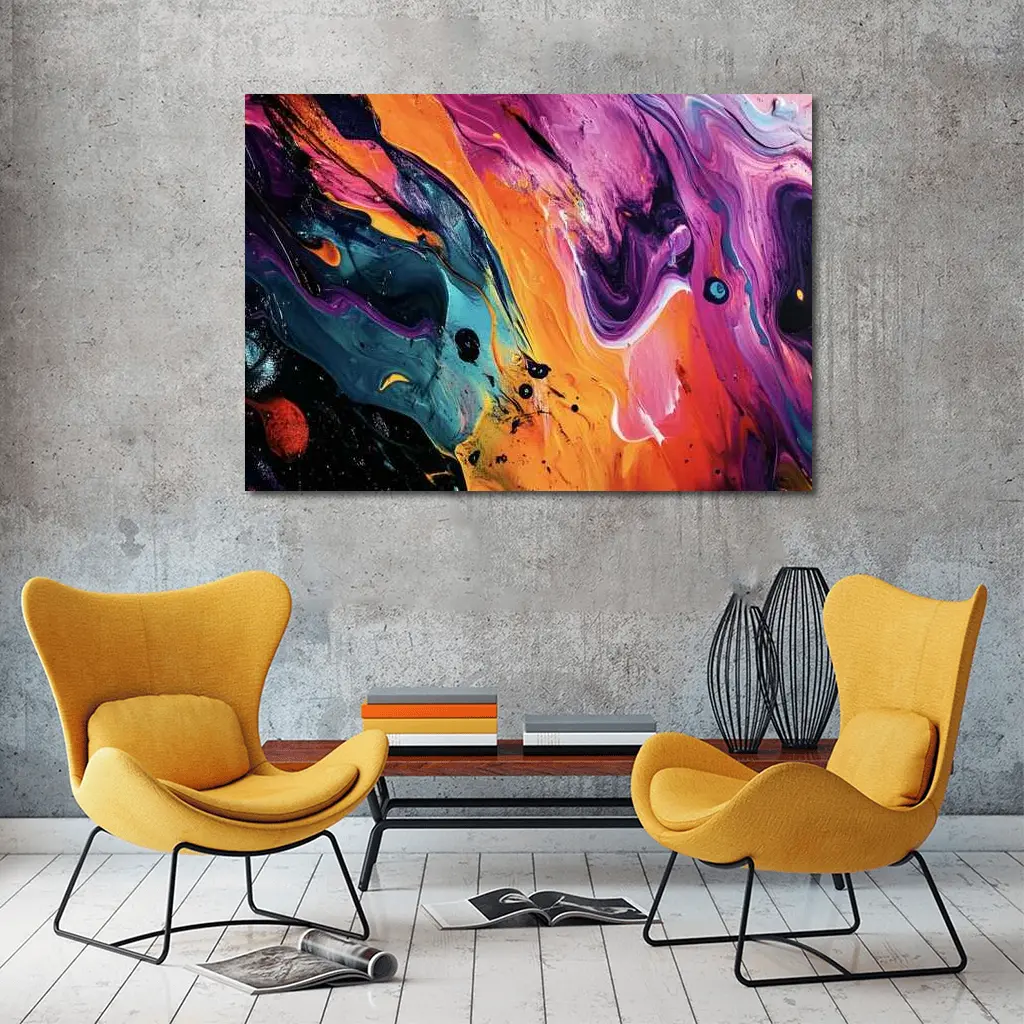 Bold Fluid Abstract Art Orange Purple Black – Wall Art