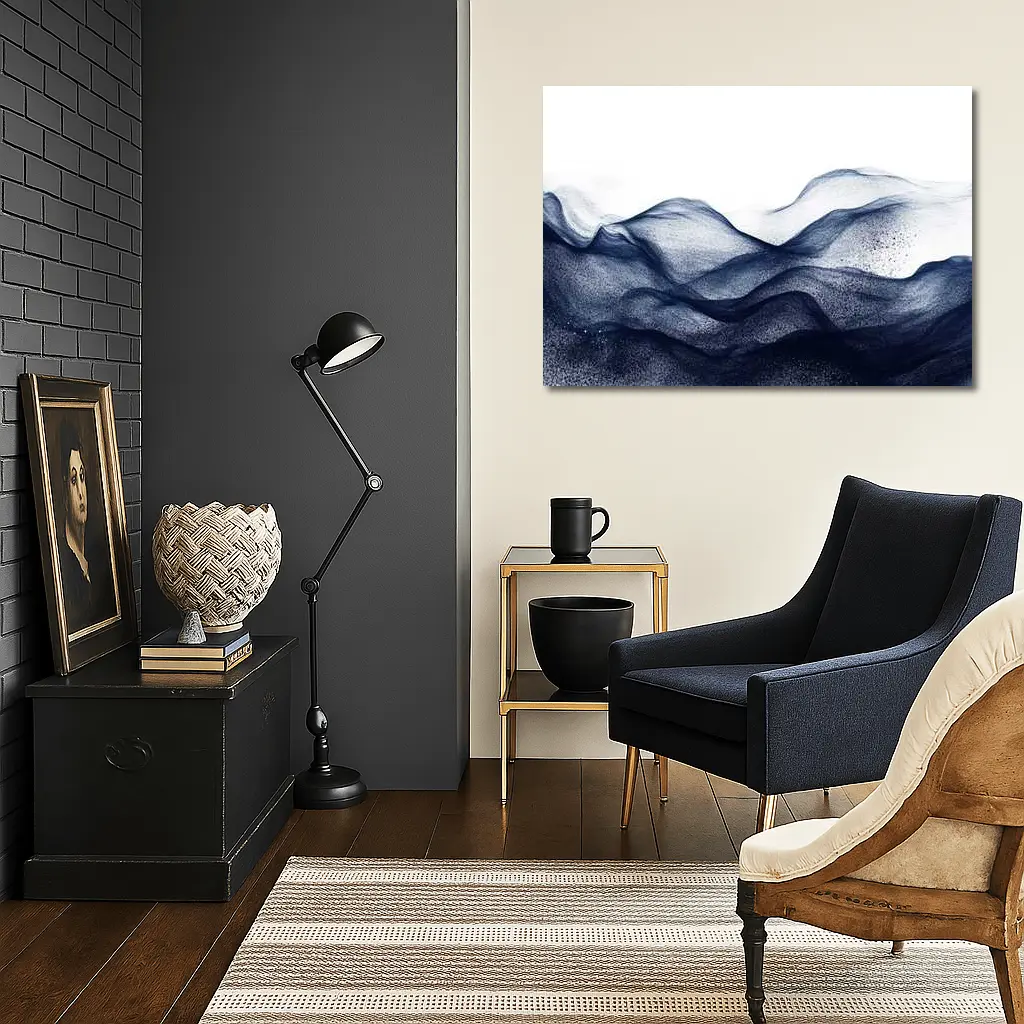 Dark Navy Blue Abstract Wave Art White Background – Wall Art