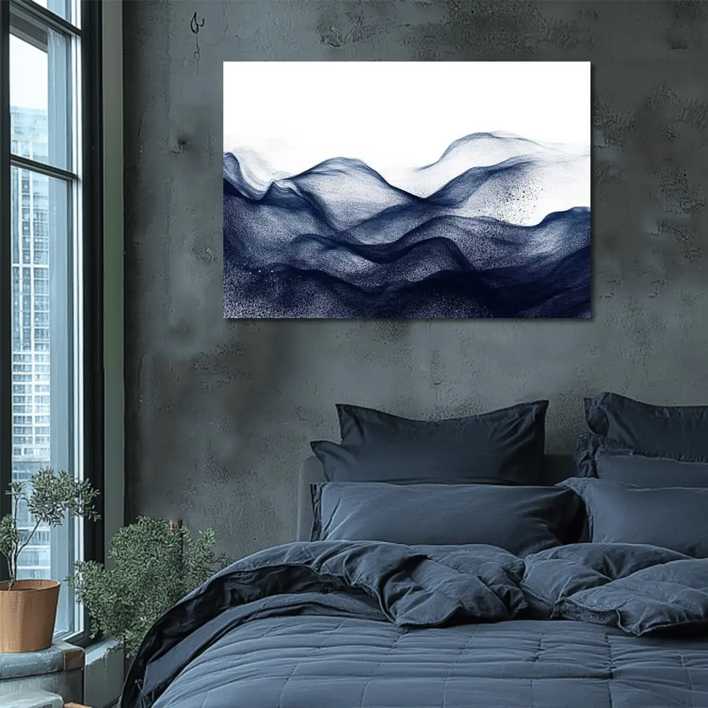 Dark Navy Blue Abstract Wave Art White Background – Wall Art