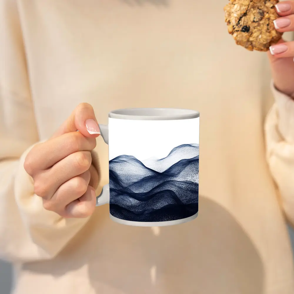 Dark Navy Blue Abstract Wave Art White Background – Mugs