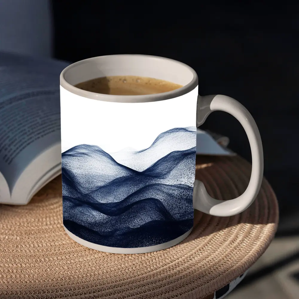 Dark Navy Blue Abstract Wave Art White Background – Mugs