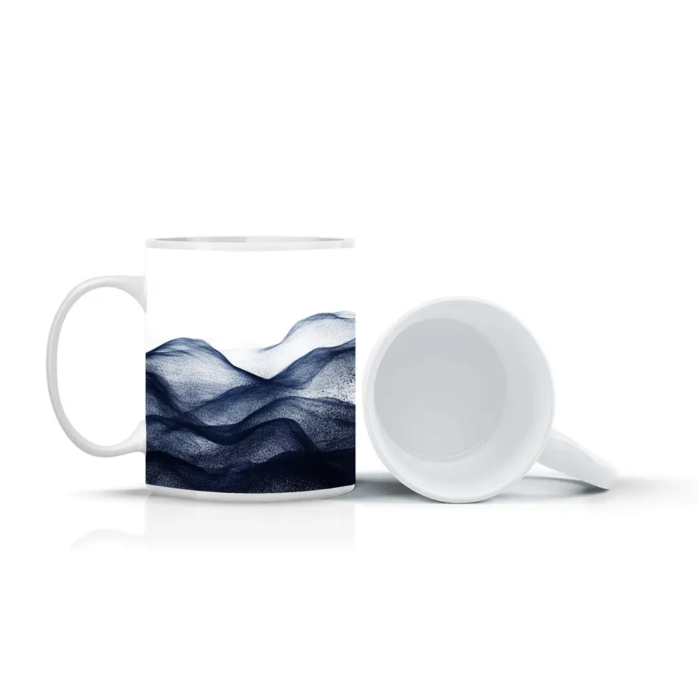 Dark Navy Blue Abstract Wave Art White Background – Mugs