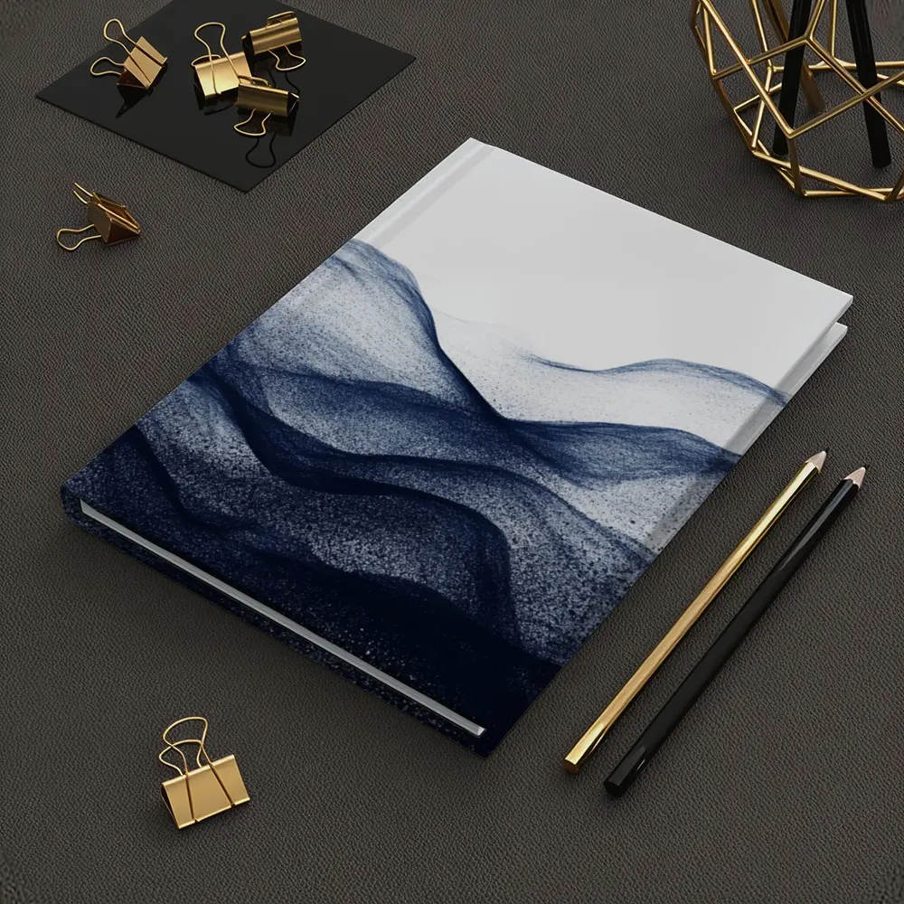 Dark Navy Blue Abstract Wave Art White Background – Notebooks