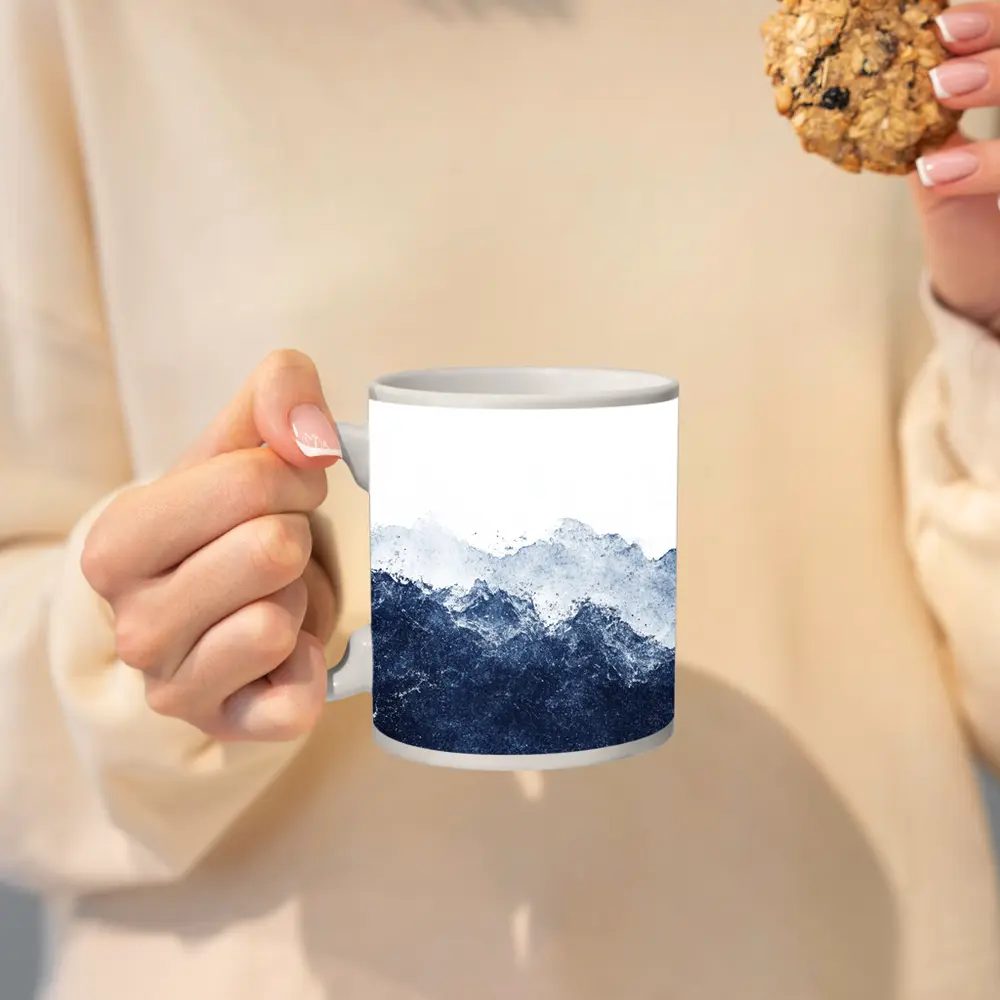 Dark Blue Watercolor Mountain Range White Background – Mugs