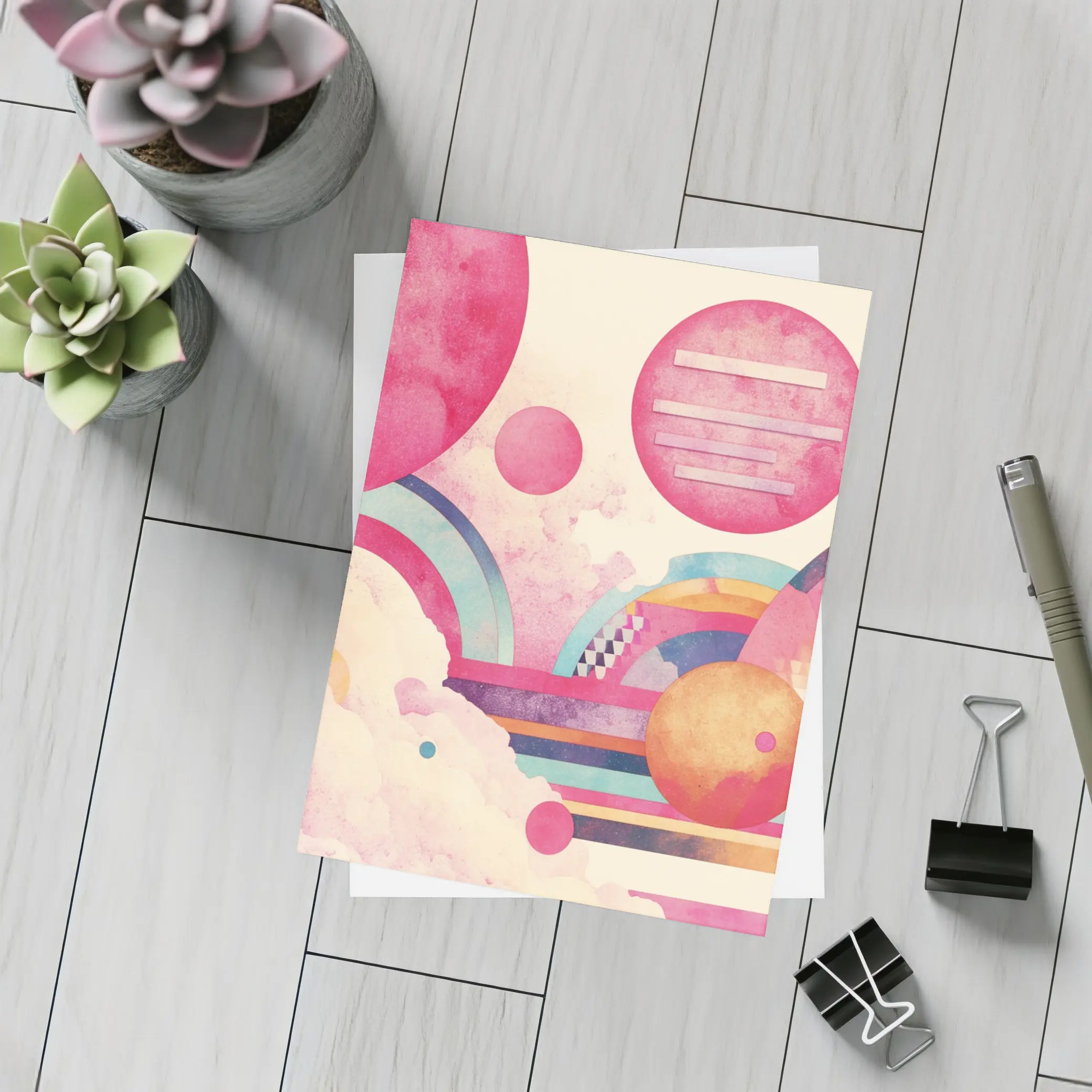Retro Pink Space Abstract Geometric Art – Postcards