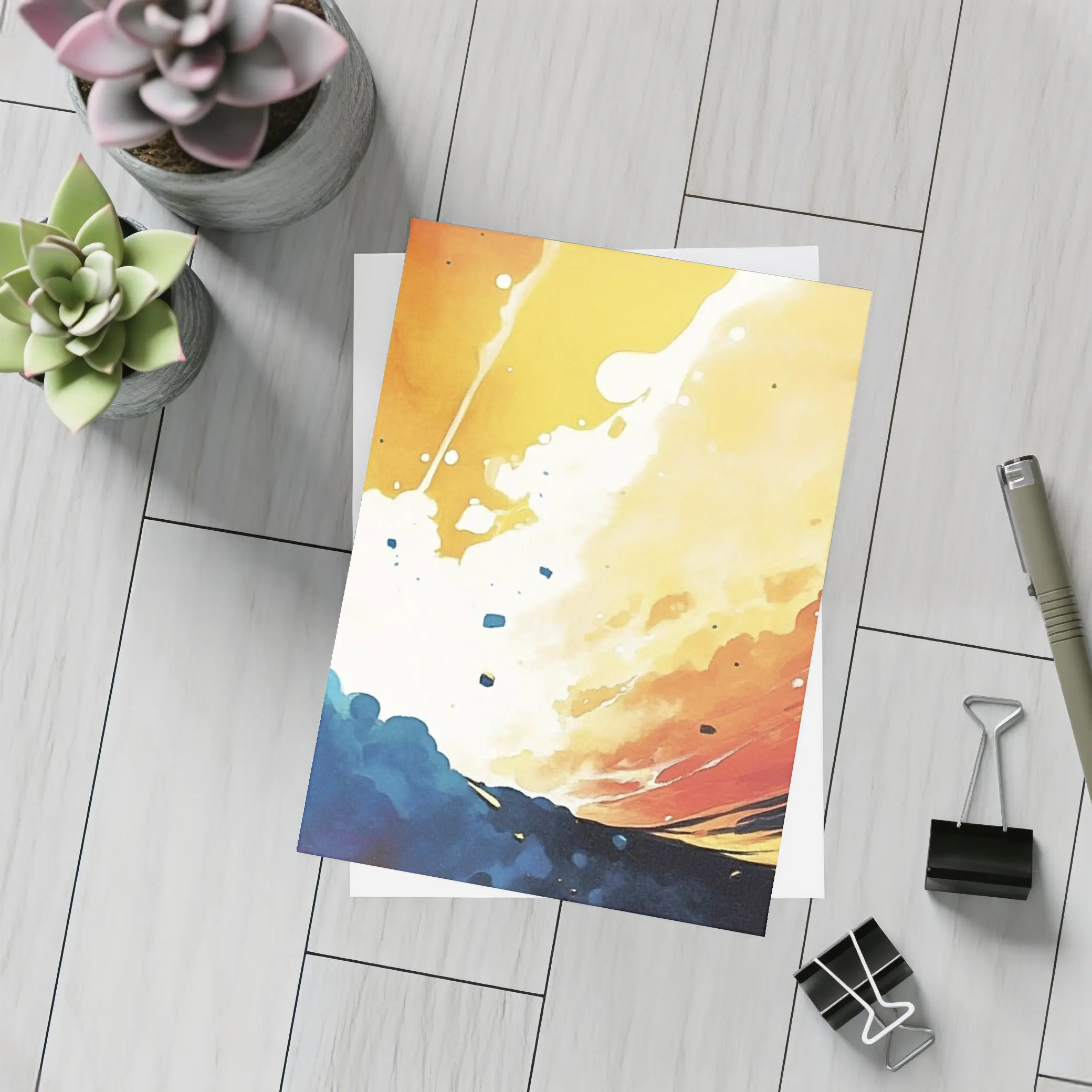 Abstract Watercolor Sky Blue Orange Explosion – Postcards