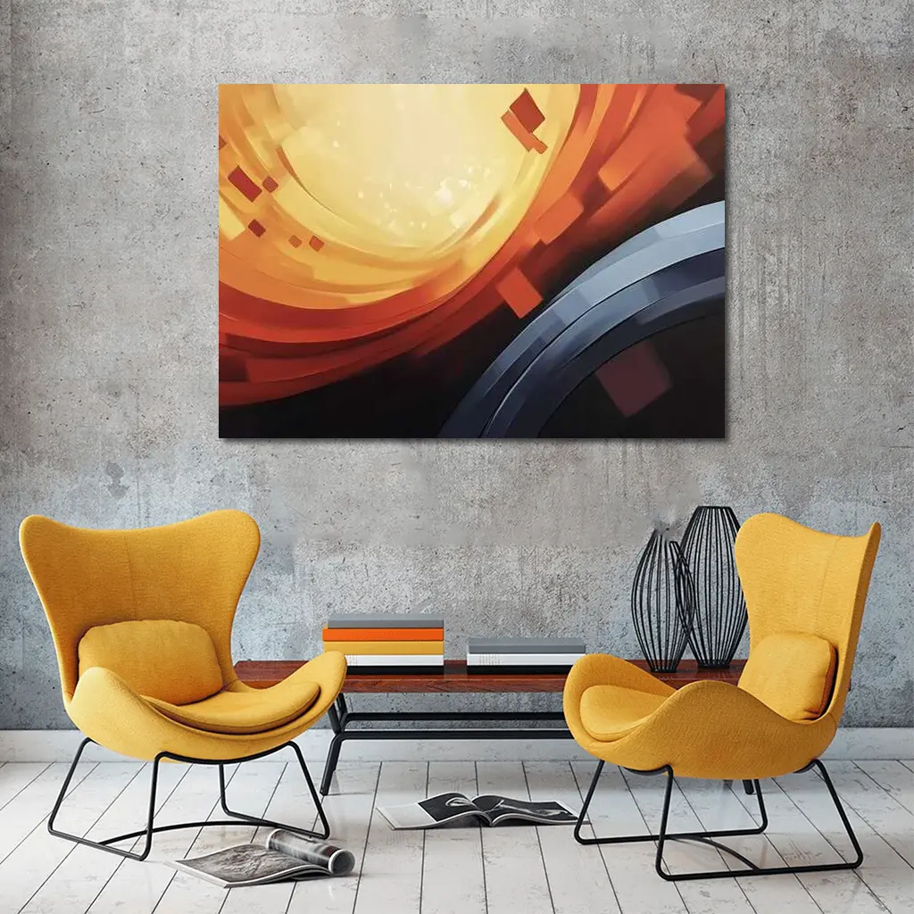 Abstract Orange Red Geometric Circular Digital Art – Wall Art