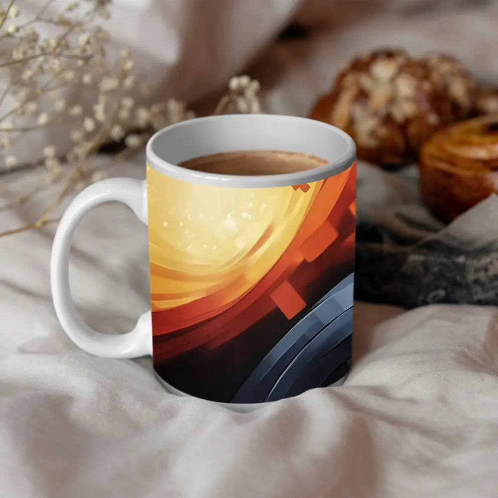Abstract Orange Red Geometric Circular Digital Art – Mugs