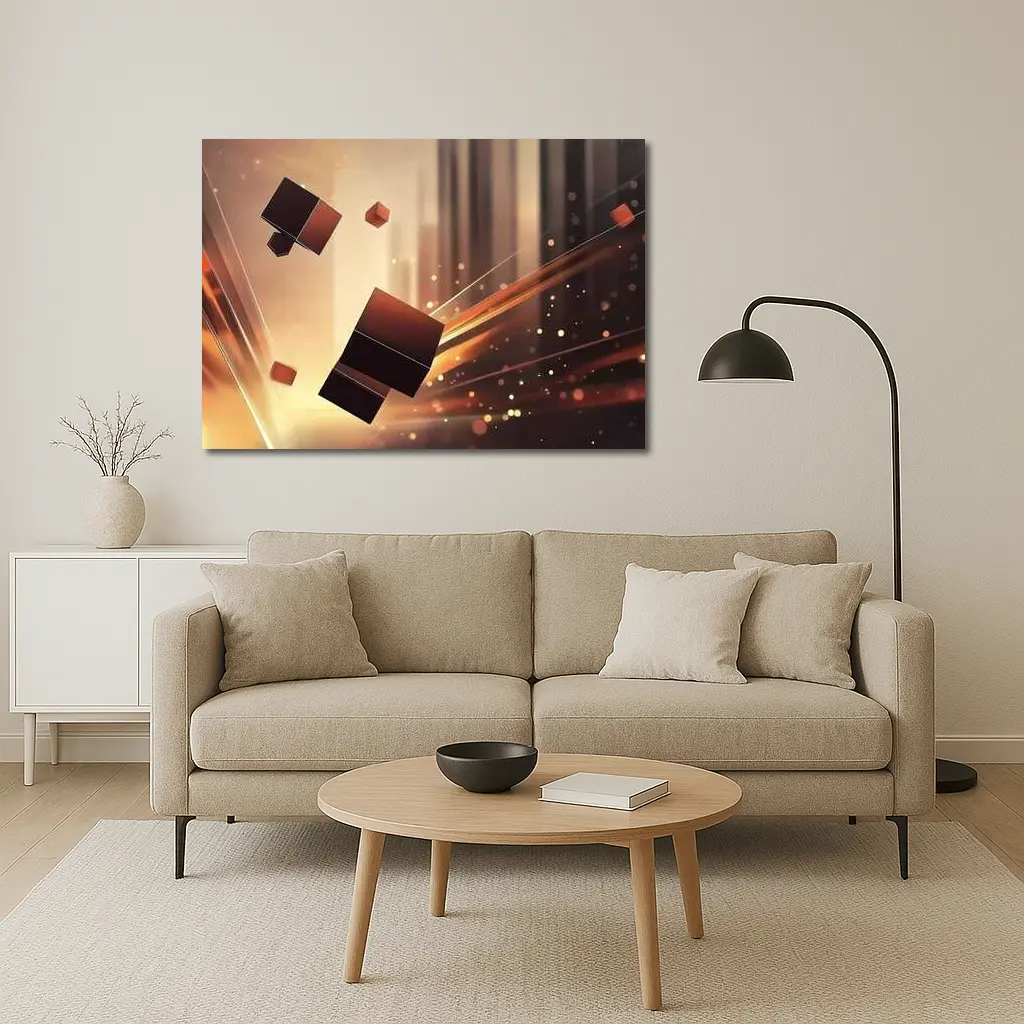 Dark Cubes Floating Abstract Warm Light Background – Wall Art