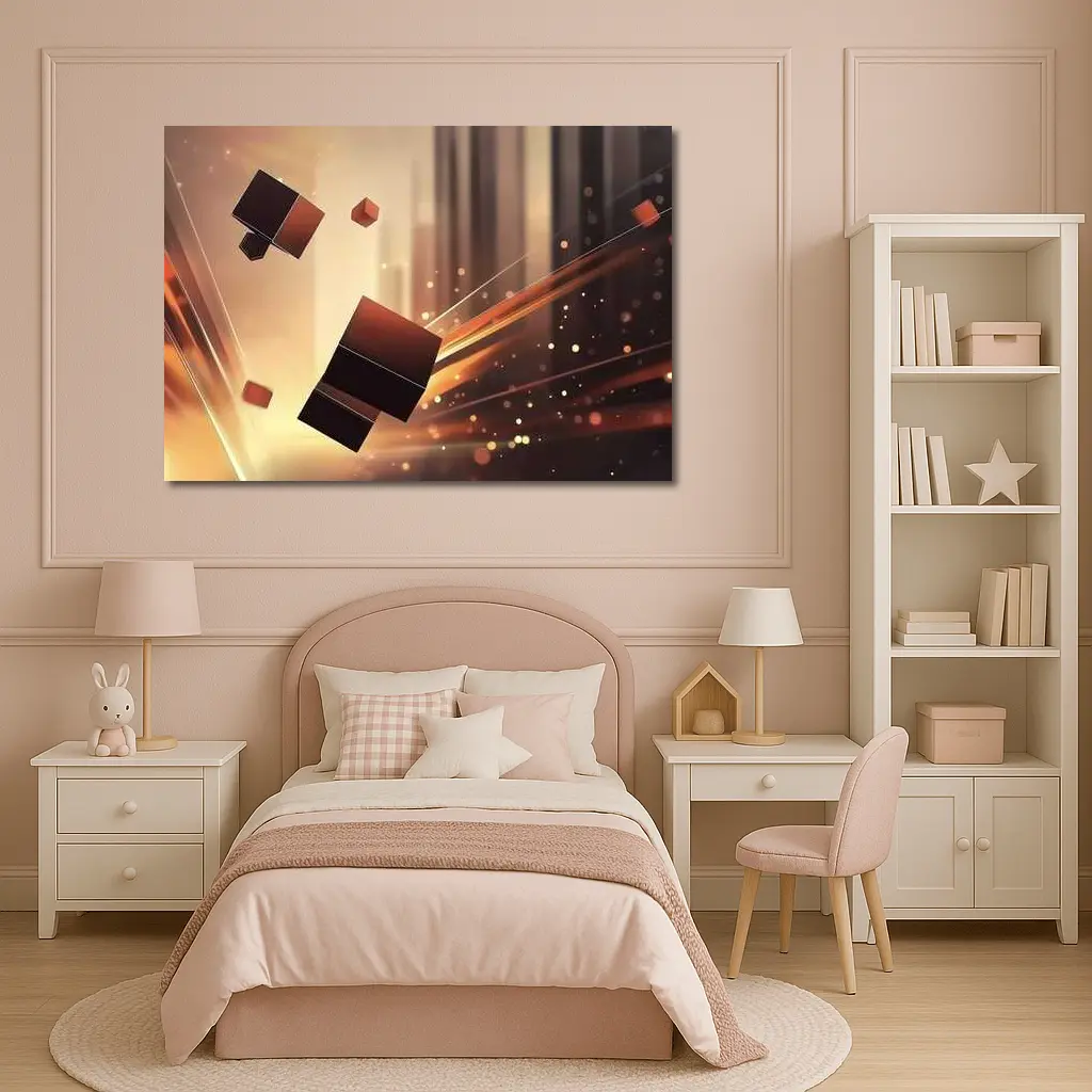 Dark Cubes Floating Abstract Warm Light Background – Wall Art