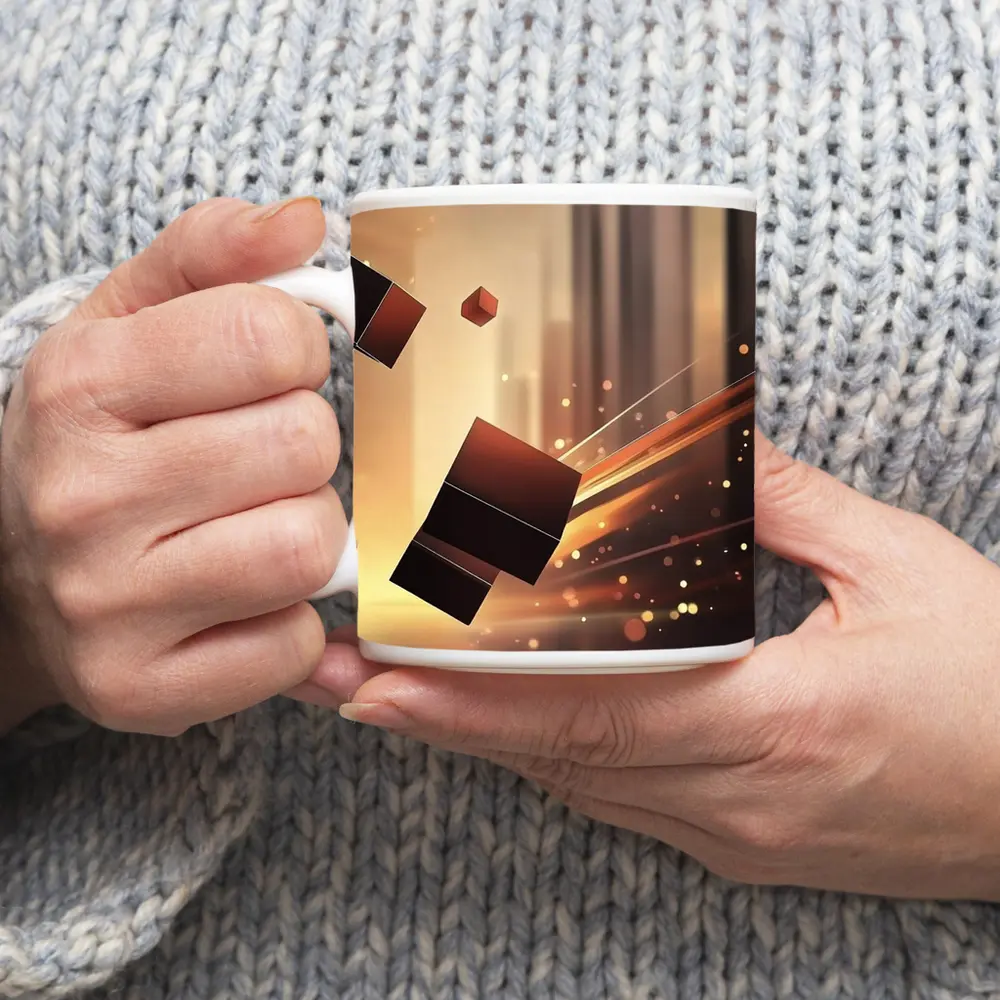 Dark Cubes Floating Abstract Warm Light Background – Mugs