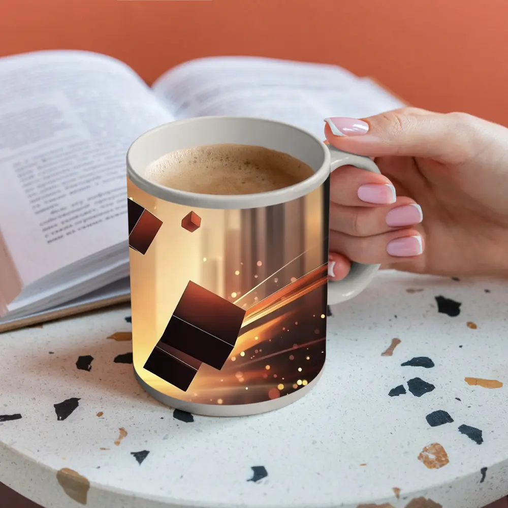 Dark Cubes Floating Abstract Warm Light Background – Mugs