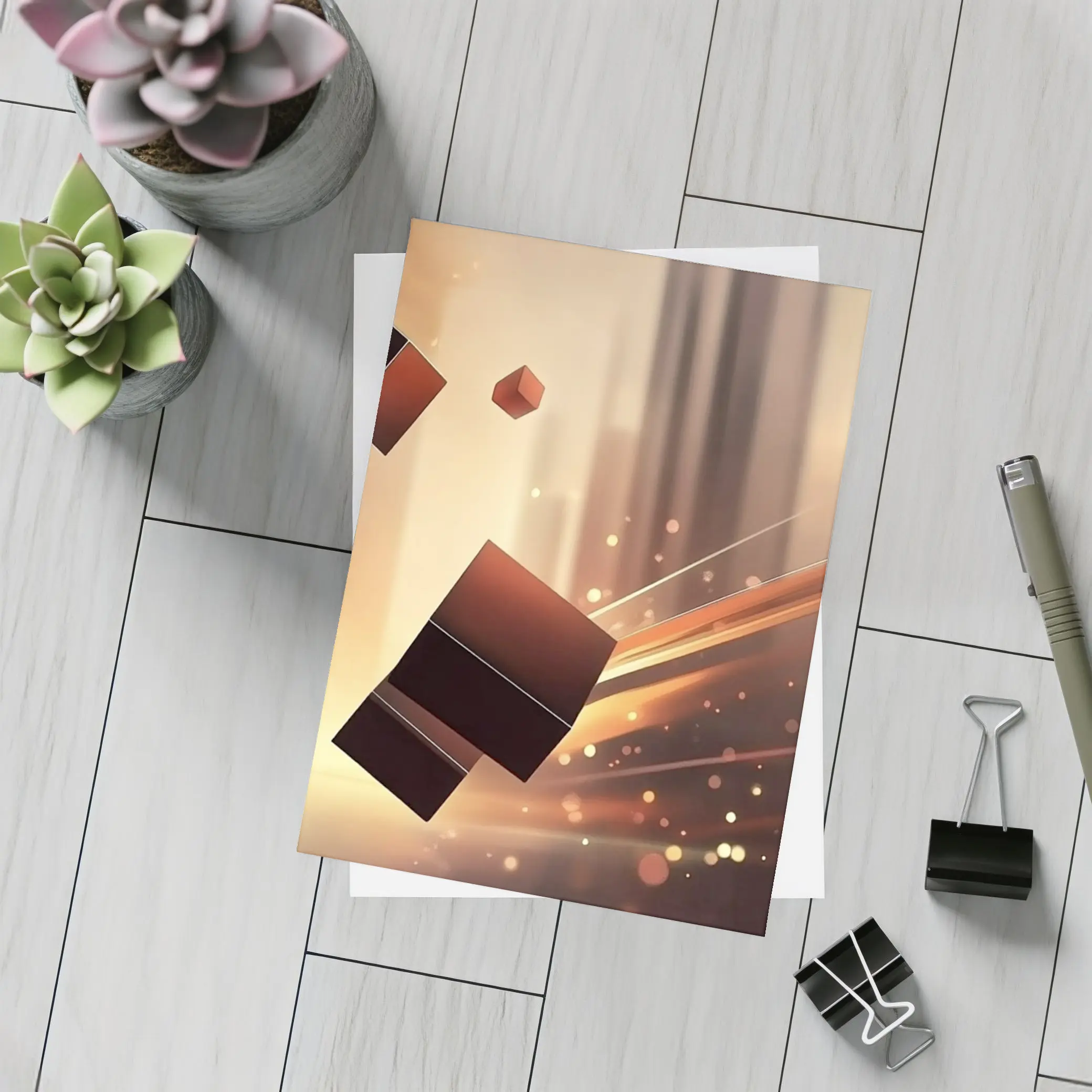 Dark Cubes Floating Abstract Warm Light Background – Postcards