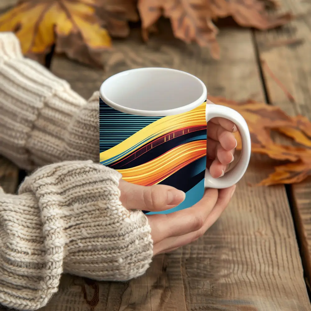 Bold Yellow Wave Abstract Dark Blue Background – Mugs