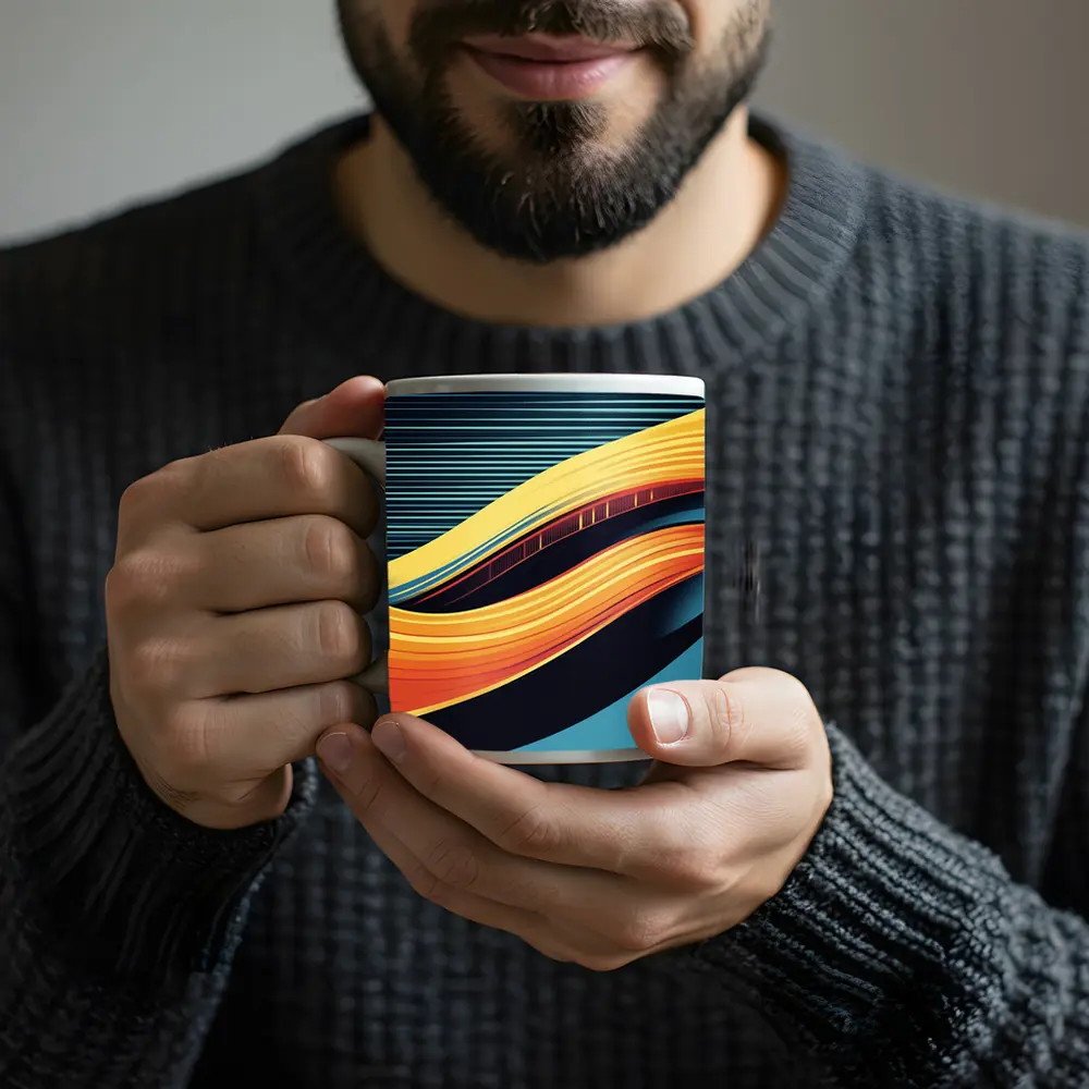 Bold Yellow Wave Abstract Dark Blue Background – Mugs