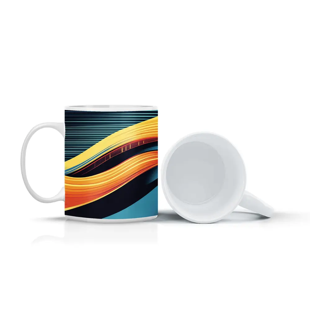 Bold Yellow Wave Abstract Dark Blue Background – Mugs