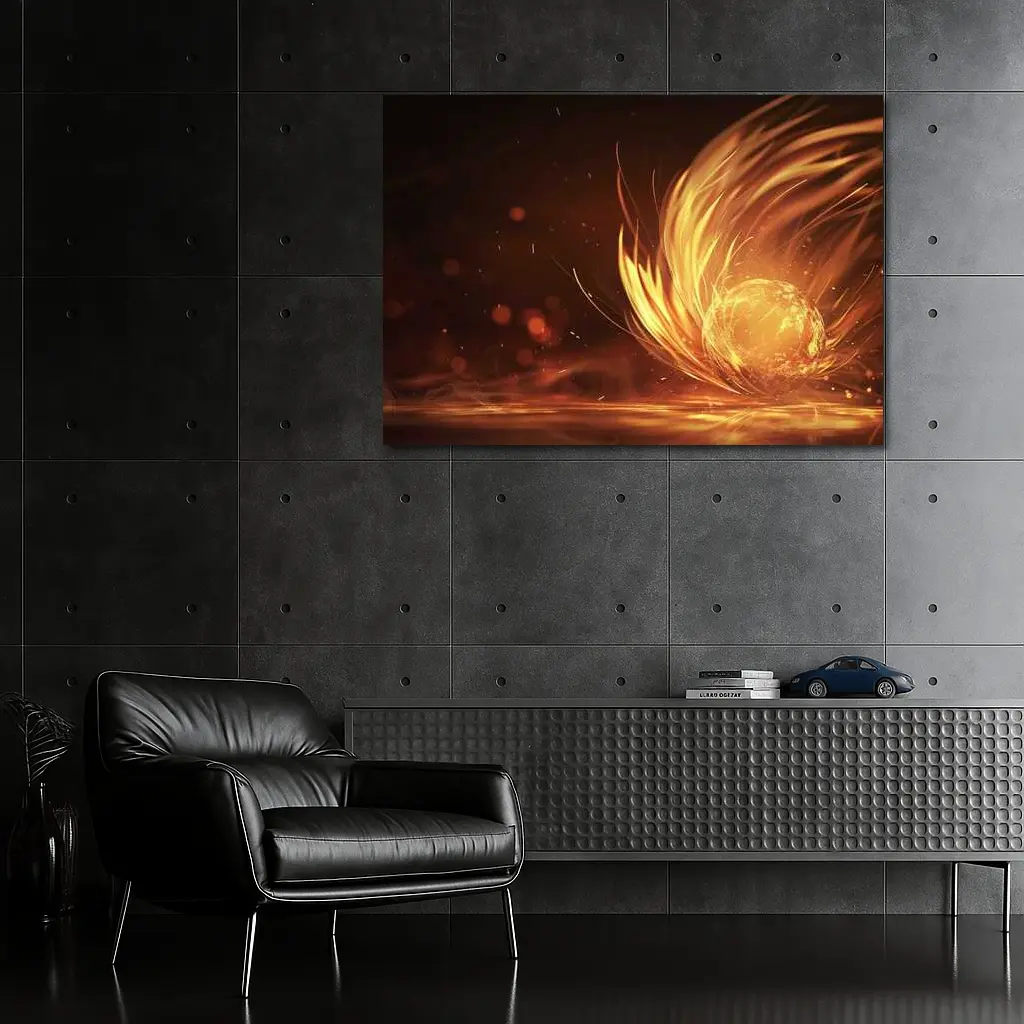 Fiery Golden Orb Abstract Dark Background – Wall Art
