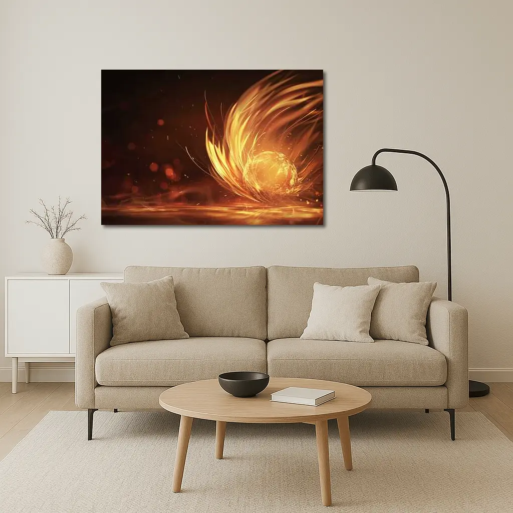 Fiery Golden Orb Abstract Dark Background – Wall Art